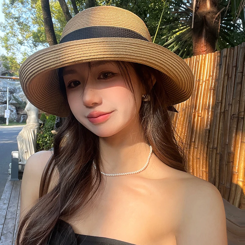 帽子女2024新款网红渔夫帽夏季防晒赫本风旅游沙滩帽显脸小太阳帽