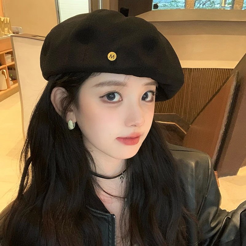 黑色贝雷帽子女日系甜美网红显脸小大头围复古气质云朵帽潮蓓蕾帽