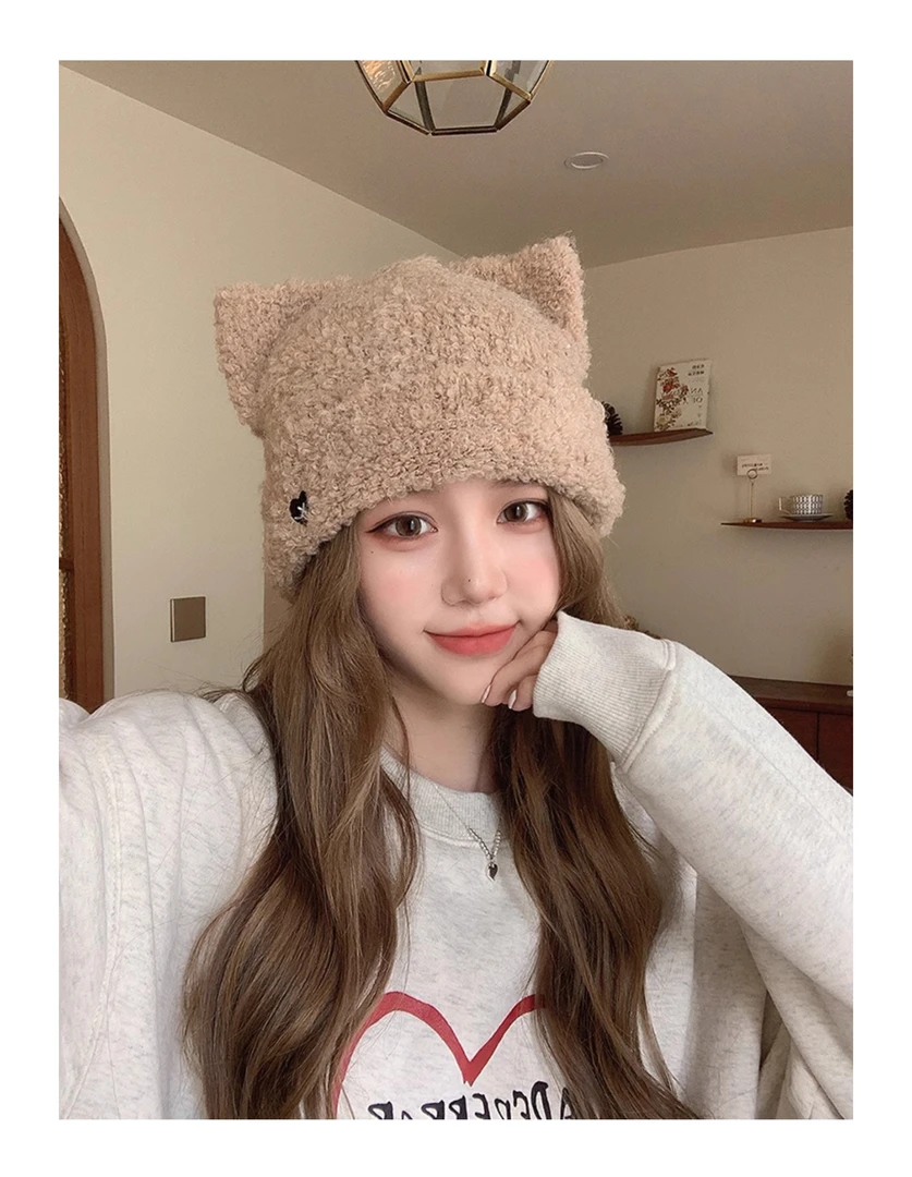 日系甜美可爱猫耳朵爱心刺绣毛线帽子女秋冬保暖护耳毛绒针织帽子