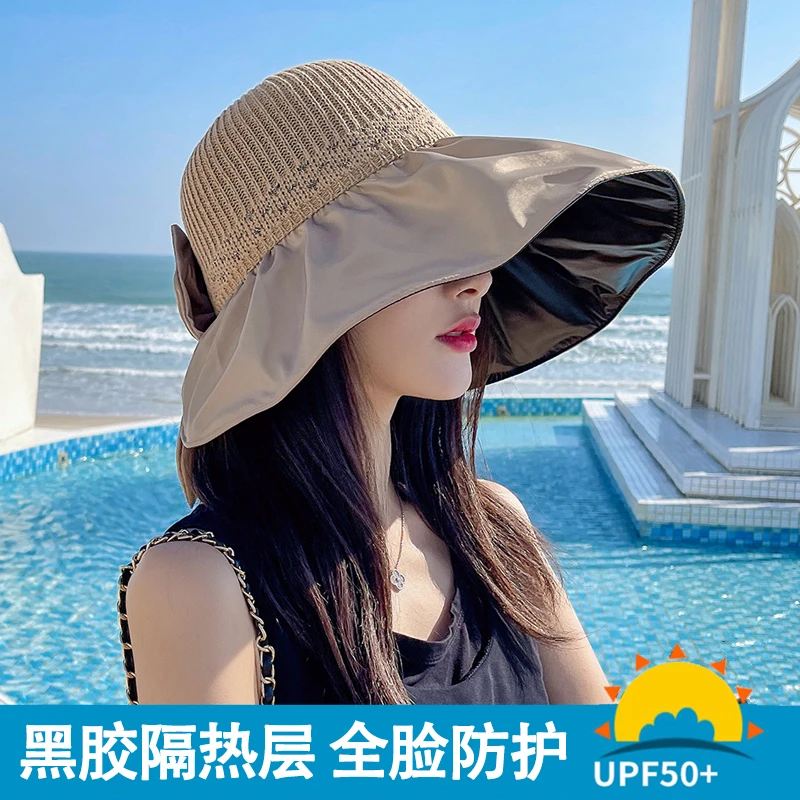 日本UV黑胶防晒帽女防紫外线遮阳帽蝴蝶结渔夫帽大帽檐遮脸太阳帽