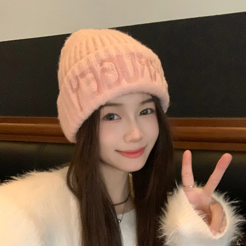 韩国ins粉色针织帽子女秋冬季字母保暖毛线帽百搭显脸小护耳冷帽