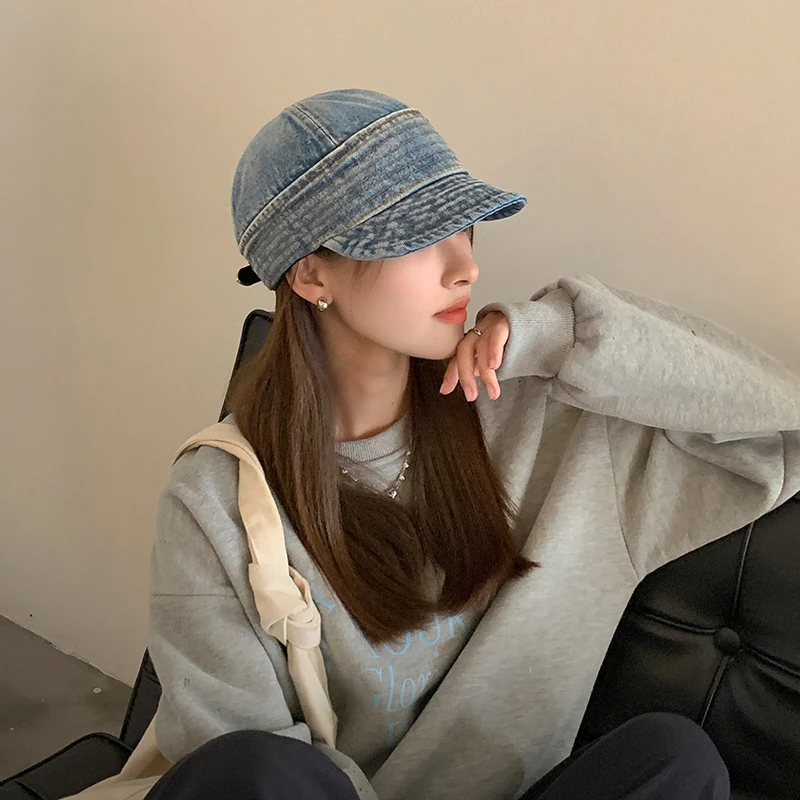 显脸小牛仔渔夫帽子女夏季复古水洗做旧软檐鸭舌帽网红素颜遮阳帽