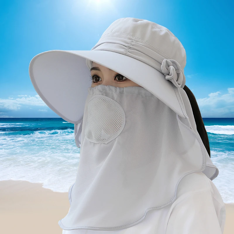 防晒帽女夏季遮脸护脖防紫外线遮阳帽度假大檐太阳帽骑车户外帽子