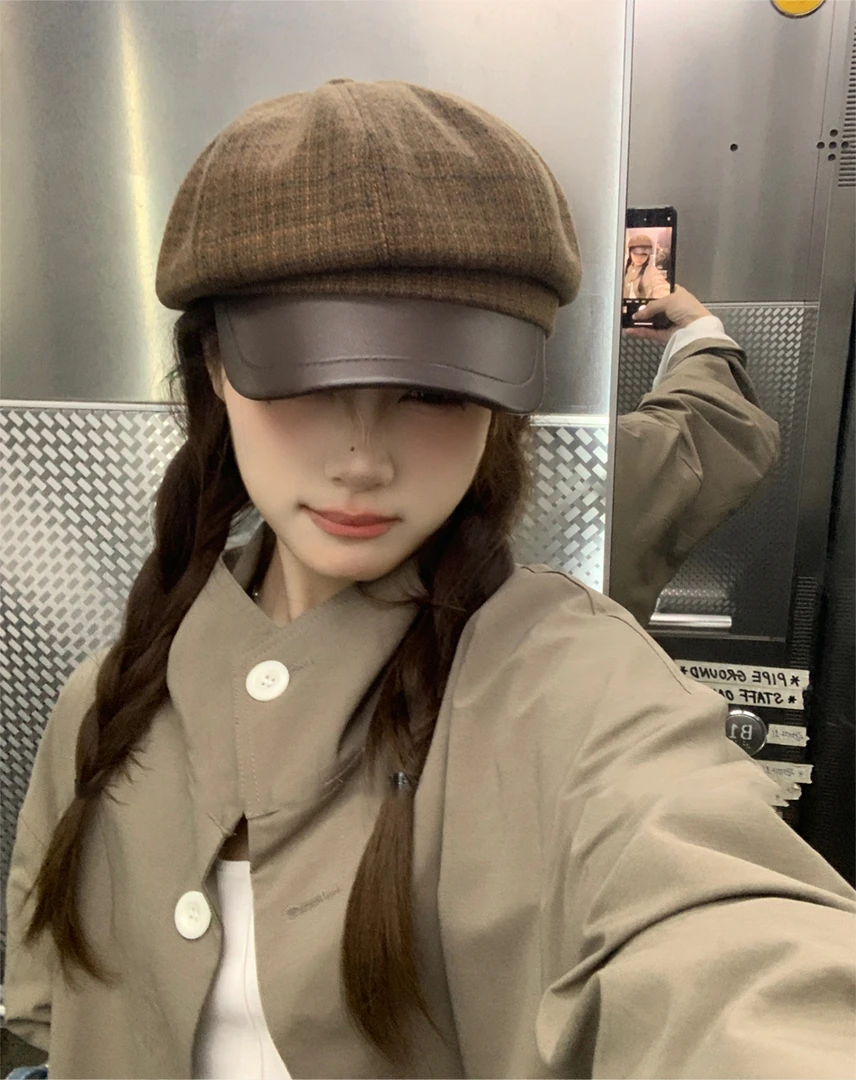 韩系复古毛呢拼pu皮八角帽子女秋冬文艺报童帽格纹贝雷帽女画家帽