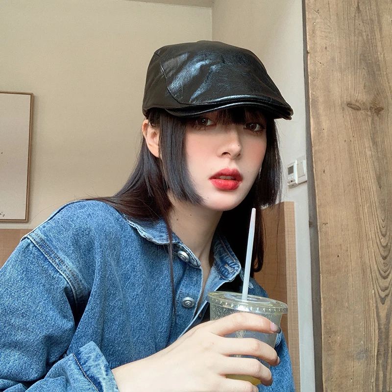 pu皮质黑色贝雷帽女夏韩版个性复古英伦反戴前进鸭舌帽秋冬画家帽