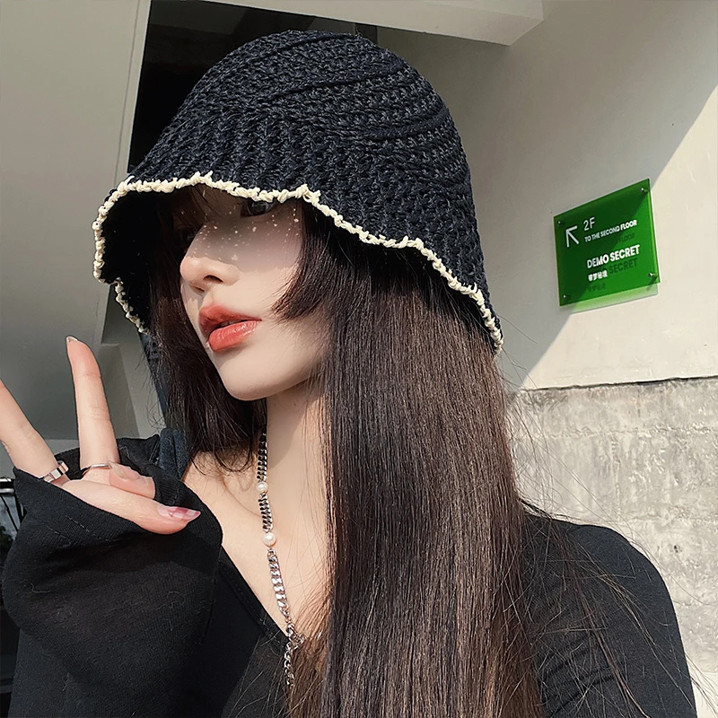 草帽女夏季遮阳防晒海边沙滩太阳帽镂空透气编织显脸小水桶渔夫帽