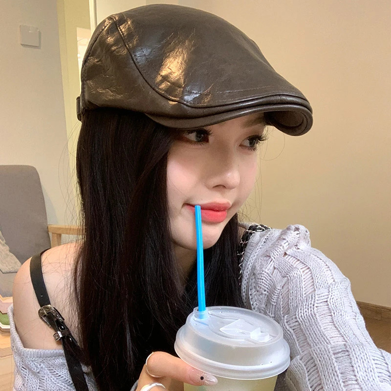 美式复古PU皮质反戴前进帽女夏季百搭辣妹个性小众显脸小贝雷帽子