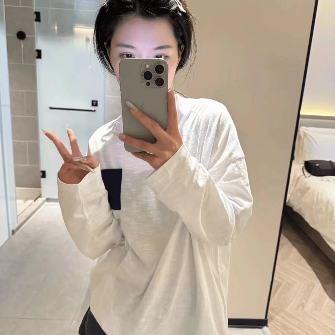 BABUILTYGA简约百搭撞色口袋长袖T恤竹节棉秋冬磨毛柔软厚款