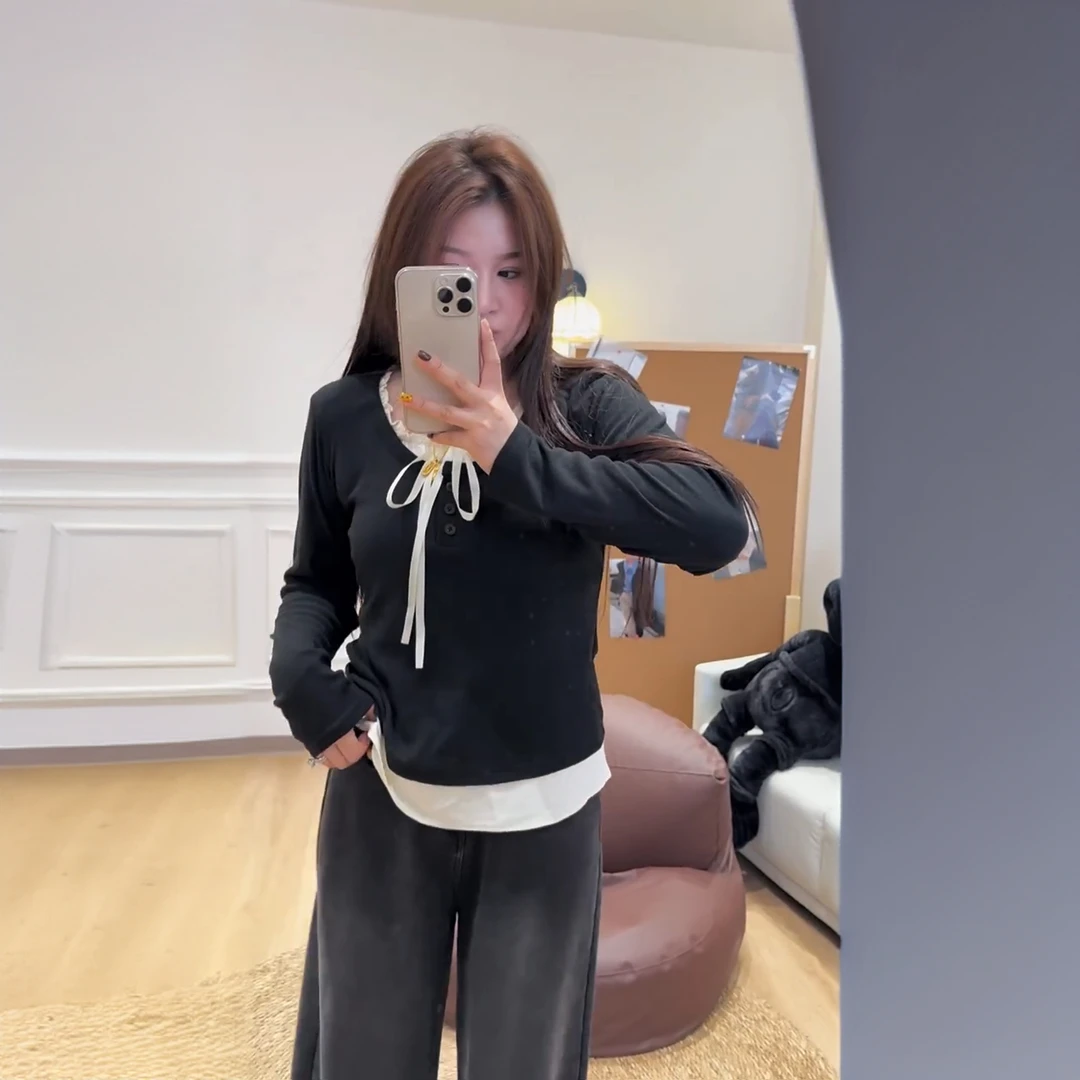 大码设计感撞色假两件长袖磨毛T恤女冬季胖mm显瘦木耳边打底上衣