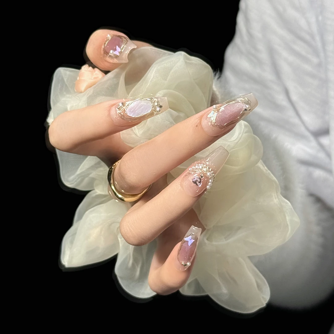 【典雅时光】纯手工穿戴甲猫眼法式魔镜粉爆闪指甲贴美甲贴片