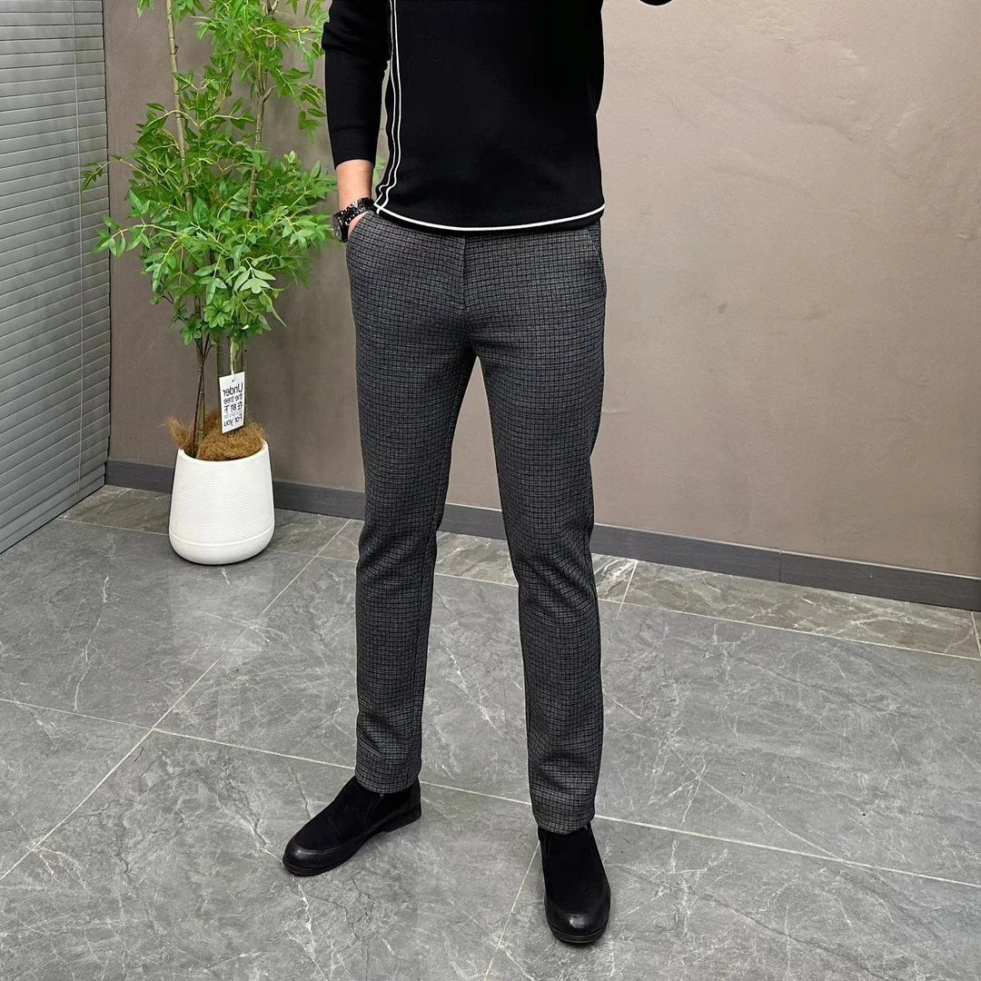 男士冬季千鸟格毛呢休闲裤时尚百搭修身时尚高品质微锥男长裤6337