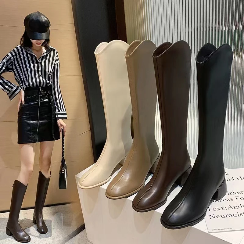 迖芺尼LW长筒靴女粗腿2023秋冬新款大筒围大码高跟高筒V口骑士靴