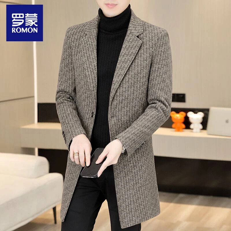 罗蒙新款韩版修身时尚高档呢子外套男士毛呢大衣中长款百搭风衣潮