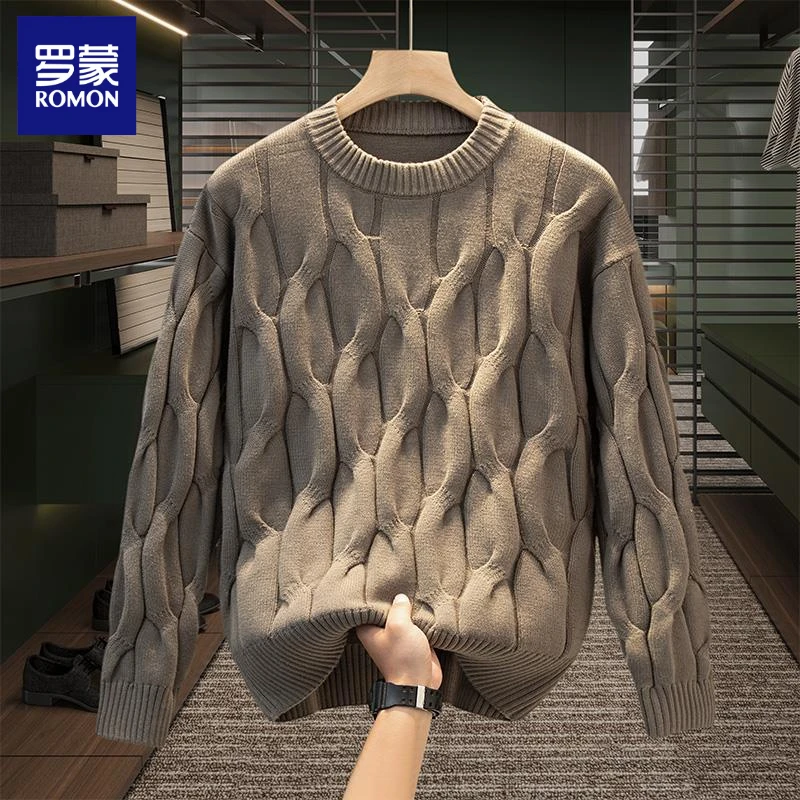 罗蒙冬季圆领毛衣男士2024新款麻花针织衫韩版宽松打底衫线衣上衣
