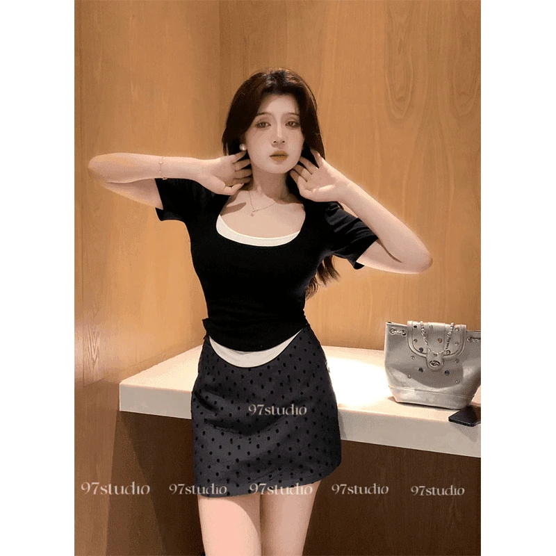 胖mm大码女装假两件正肩短袖T恤设计感小众拼接辣妹百搭显瘦上衣