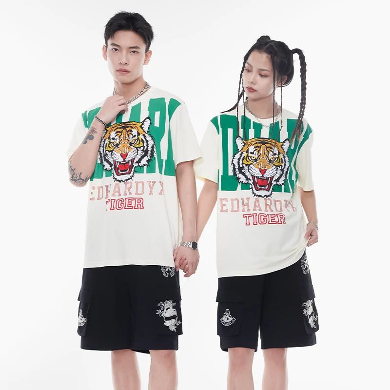EDHARDY X个性圆领短袖虎头烫钻半身LOGO印花纯棉休闲T恤X1PAU215