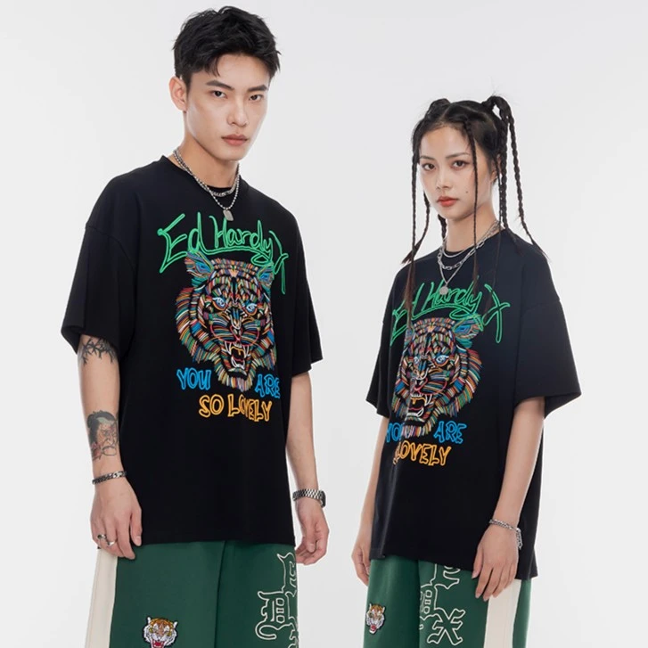 EDHARDY X潮牌t恤夏季彩色线条涂鸦美式虎头圆领短袖T恤 X1PBU462
