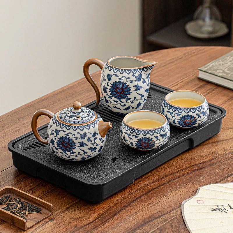 青花汝窑功夫茶具套装家用会客陶瓷盖碗茶杯茶盘中式小套泡茶专用