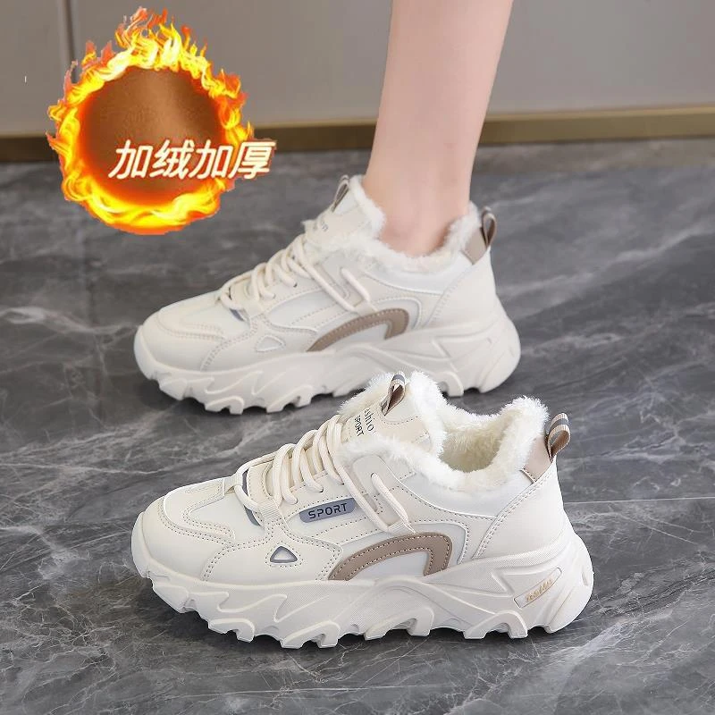 品牌国潮旗舰踩屎感加绒运动鞋女冬季皮面百搭软底孕妇休闲鞋防滑