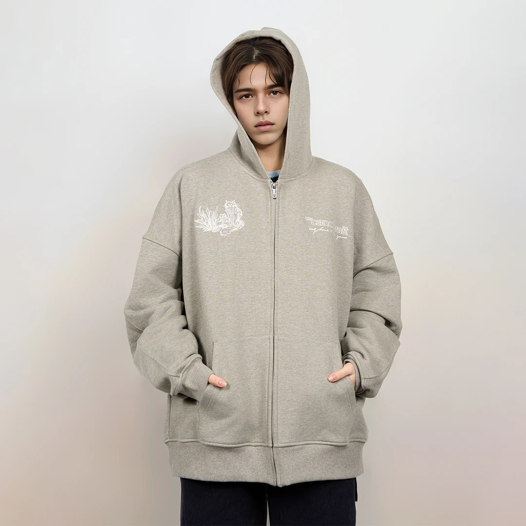 CANOTWAIT_陈伟霆动物图案印花刺绣拉链帽衫宽松休闲百搭连帽