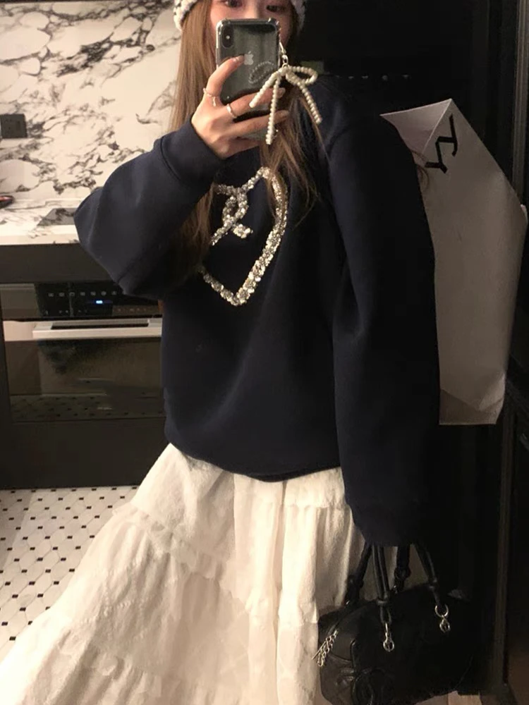 【莹莹推荐】爱心刺绣亮片设计感圆领卫衣女秋慵懒重磅宽松chic上衣