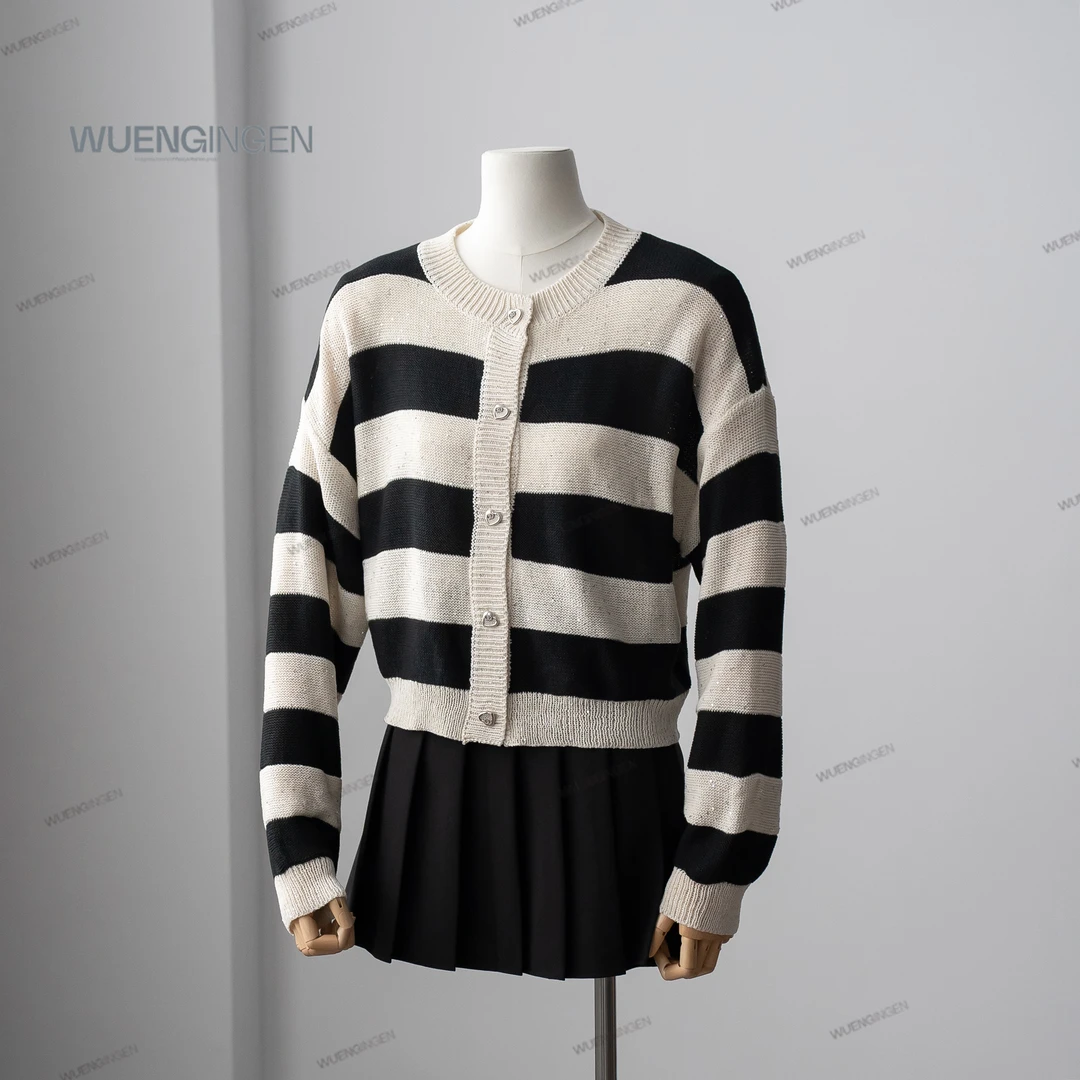 无印心匠条纹+排扣撞色&圆领针织开衫女a26109