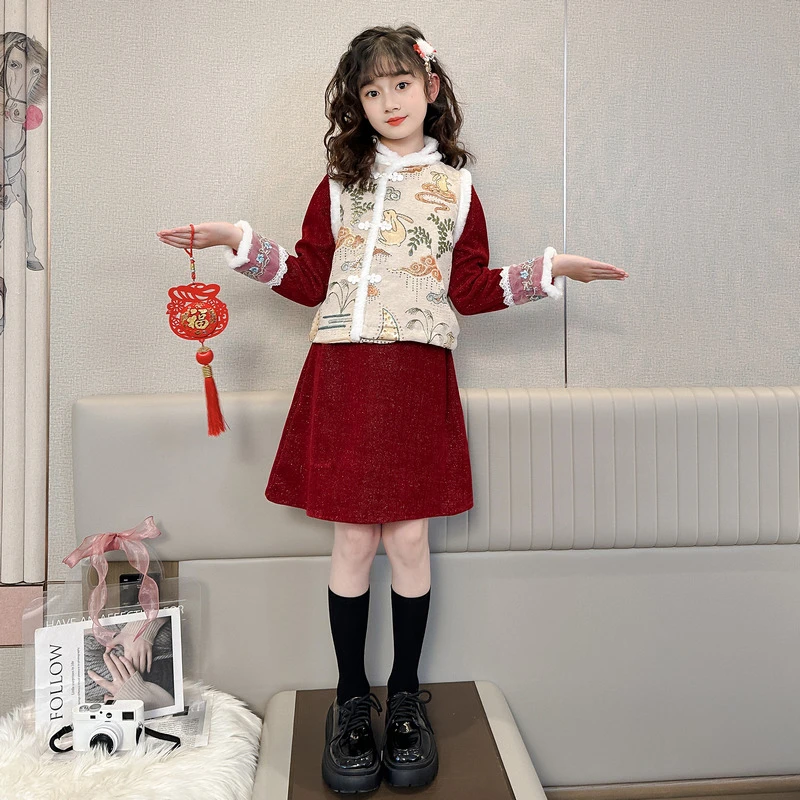 女童冬季中国风红色加绒洋气拜年服2023新款女孩马甲连衣裙两件套
