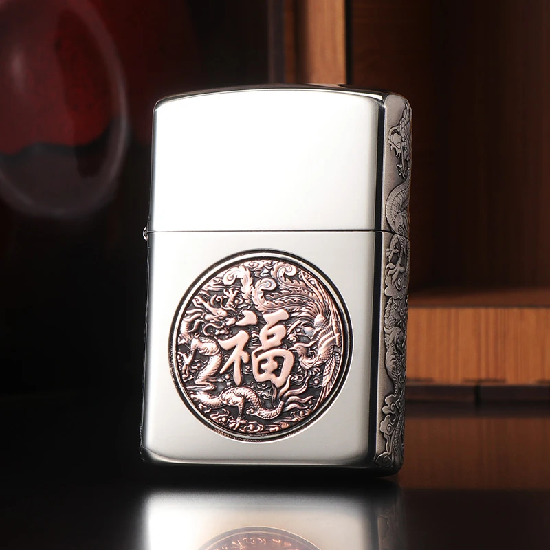 ZORRO佐罗 黄黄铜/白铜 镶嵌盔甲浮雕龙凤呈祥煤油防风打火机