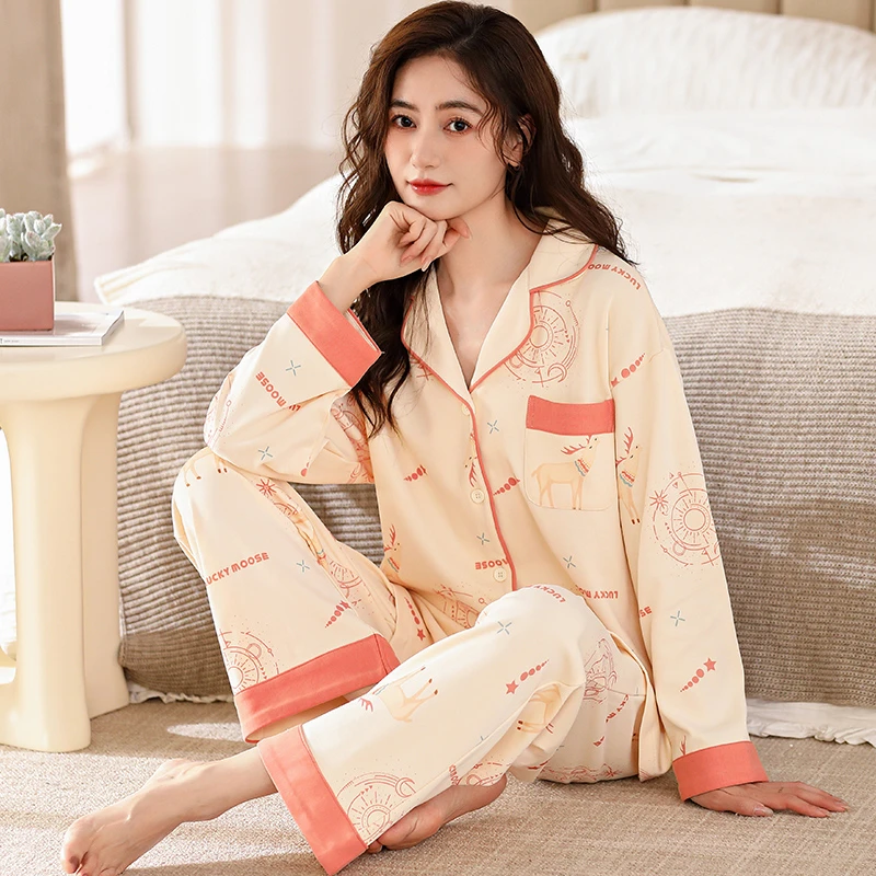 美怡典春秋新款睡衣女棉柔软舒适休闲甜美家居服长袖套装可外穿