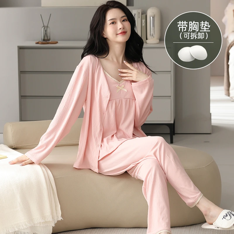 美怡典秋季带胸垫睡衣女可外穿舒适性感吊带三件套家居服大码套装