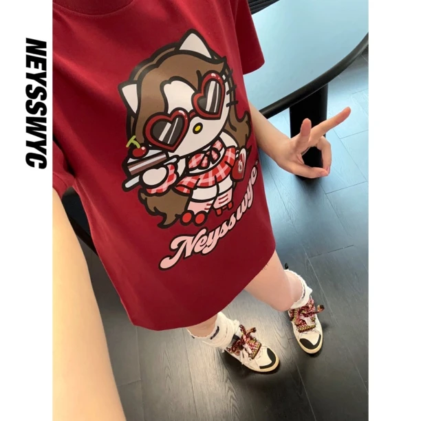 NEYSSWYC 【樱桃甜品】酒红T恤短袖宽松可爱少女卡通显白可爱夏休闲