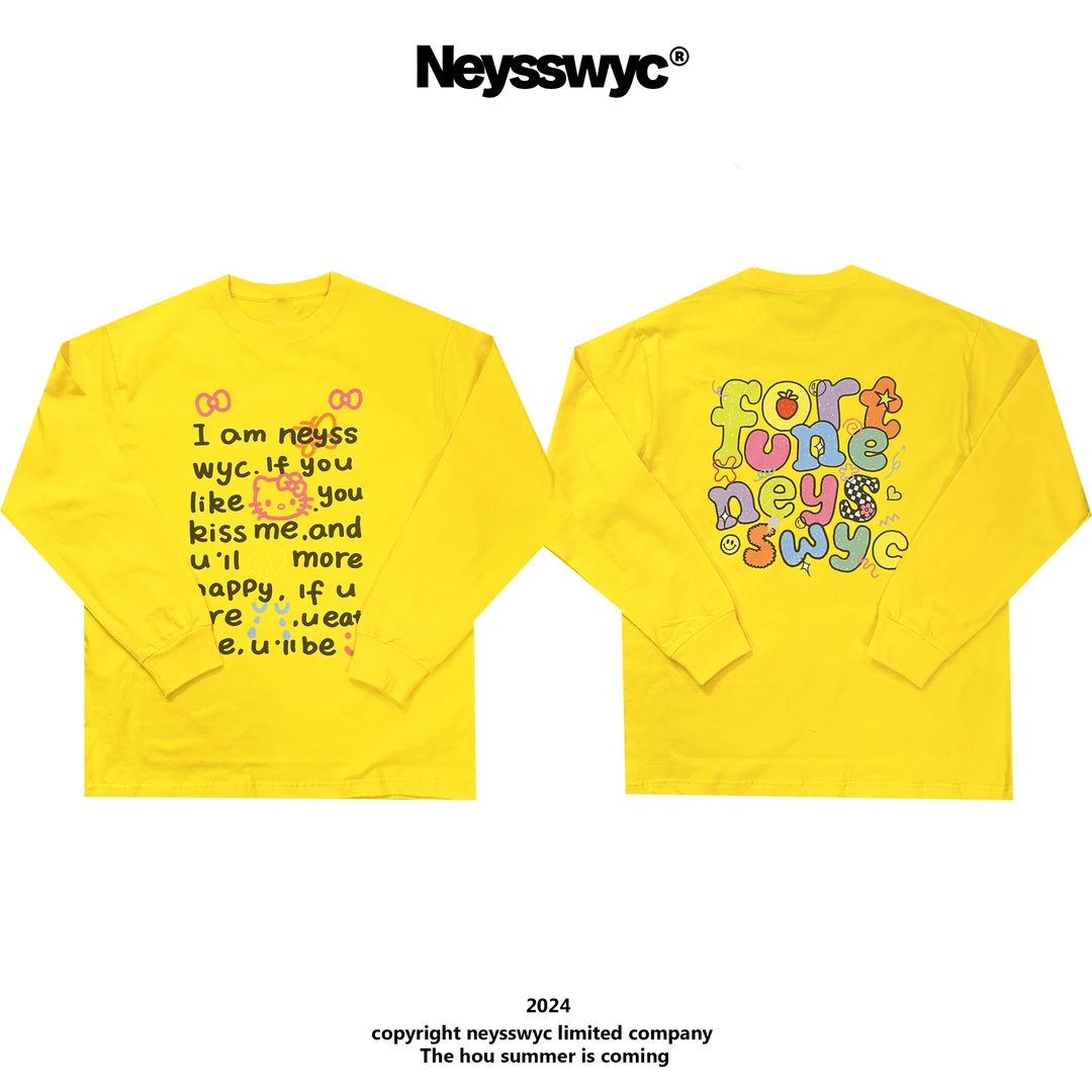 NEYSSWYC 芒果黄长袖T恤宽松AB面印花英文字母KT涂鸦情侣打底春秋