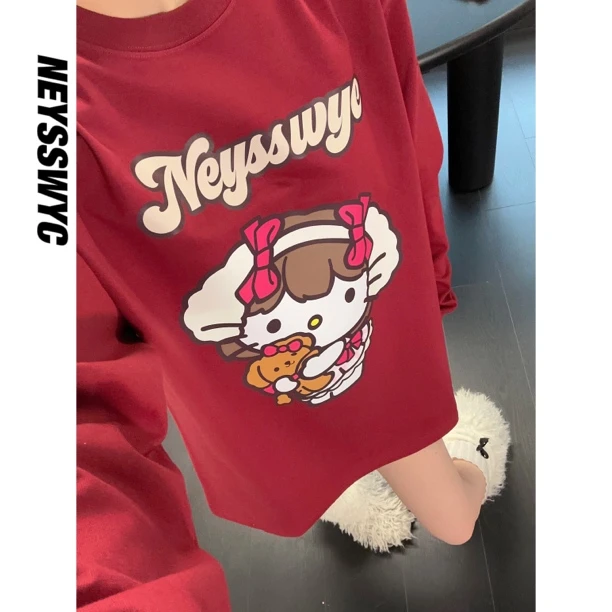 NEYSSWYC 【抱熊KT】酒红休闲纯色可爱套头长袖t恤卡通小众宽松ins