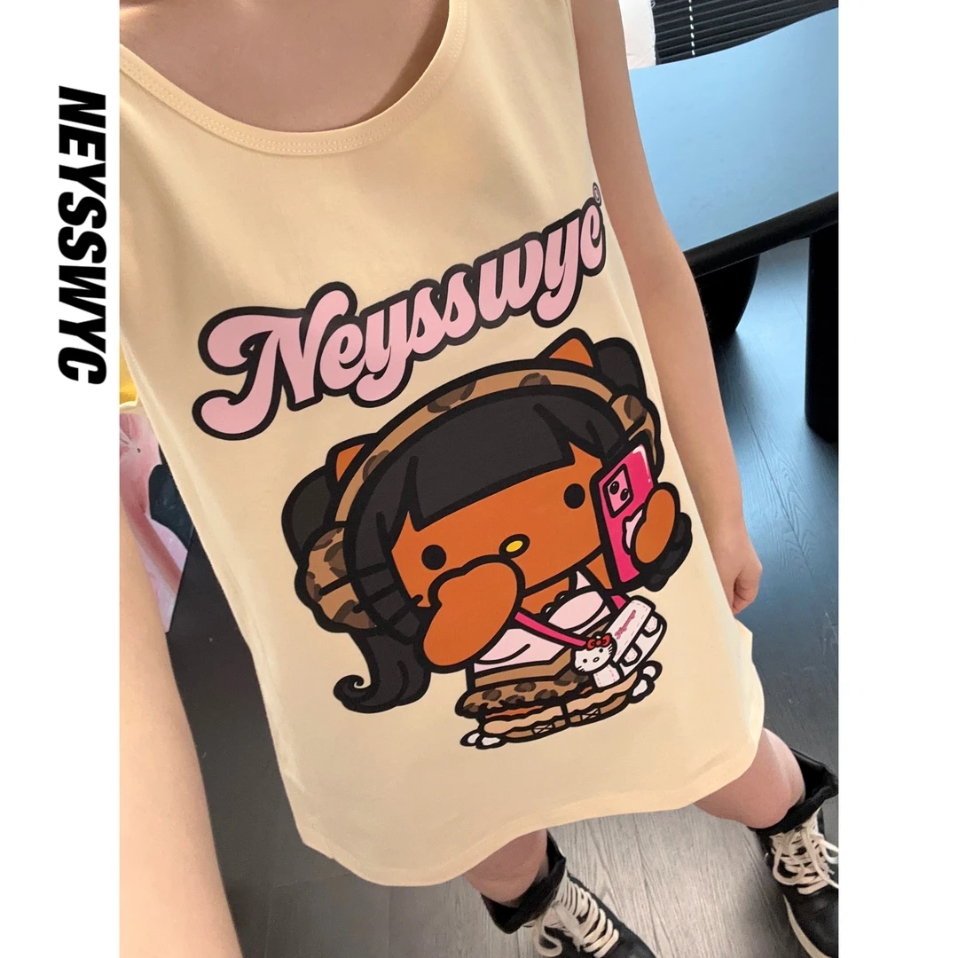 NEYSSWYC【豹纹自拍】奶黄背心百搭千禧闺蜜夏无袖宽松小众少女
