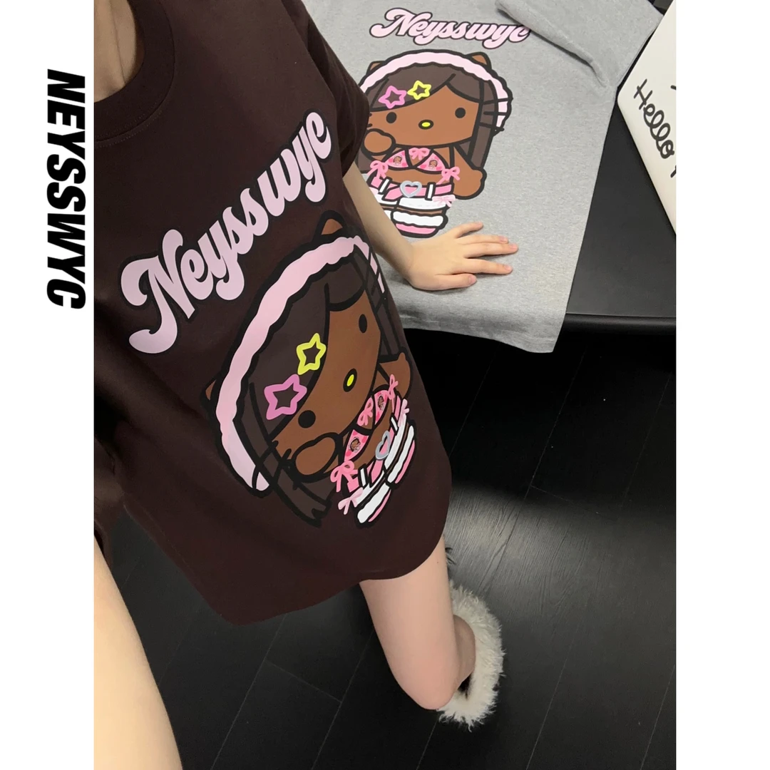 NEYSSWYC 【腰带KT】辣妹纯色短袖宽松可爱T恤宽松闺蜜猫咪可爱夏季