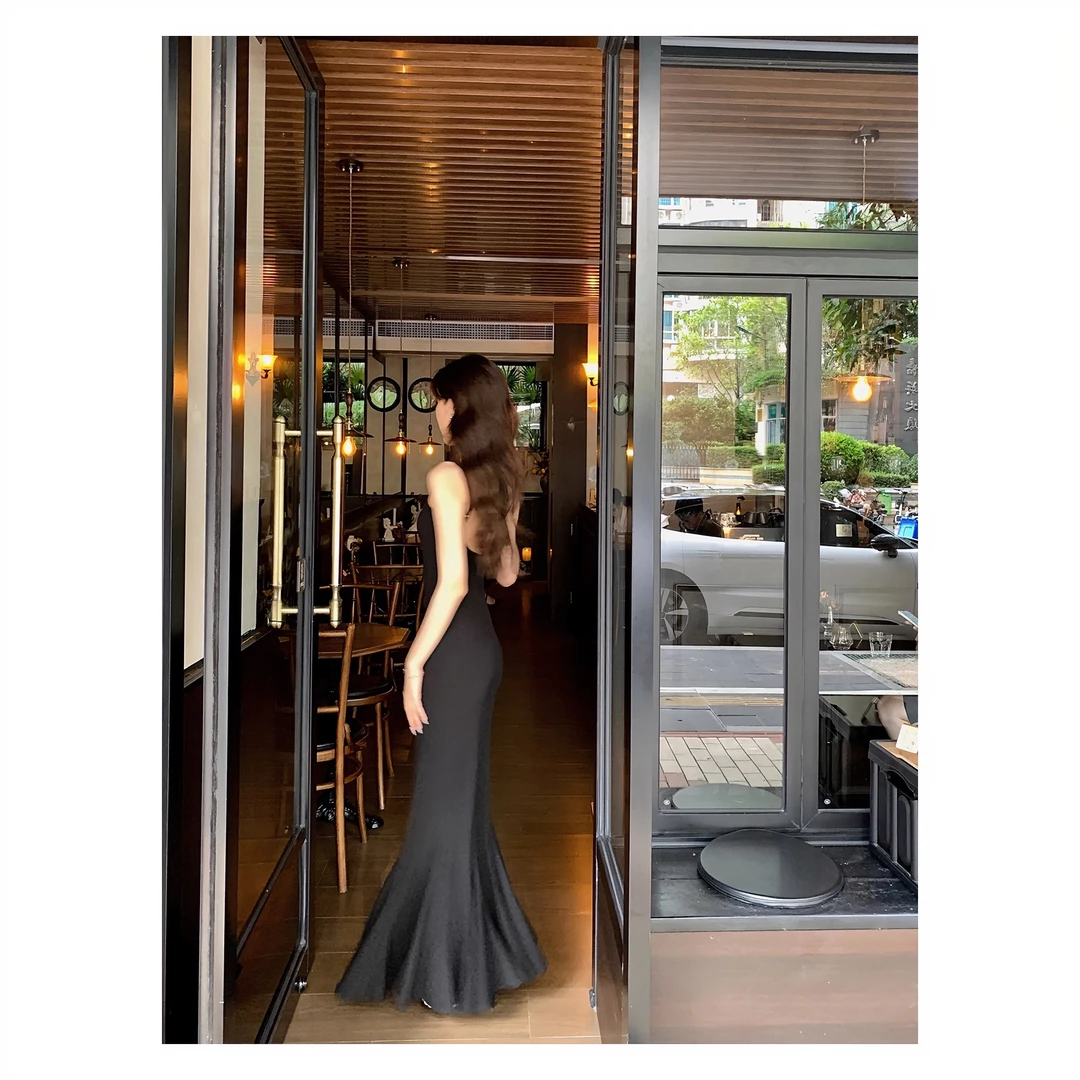 步步生莲裙子吊带连衣包臀裙黑色设计感气质名媛鱼尾长款辣妹裙子