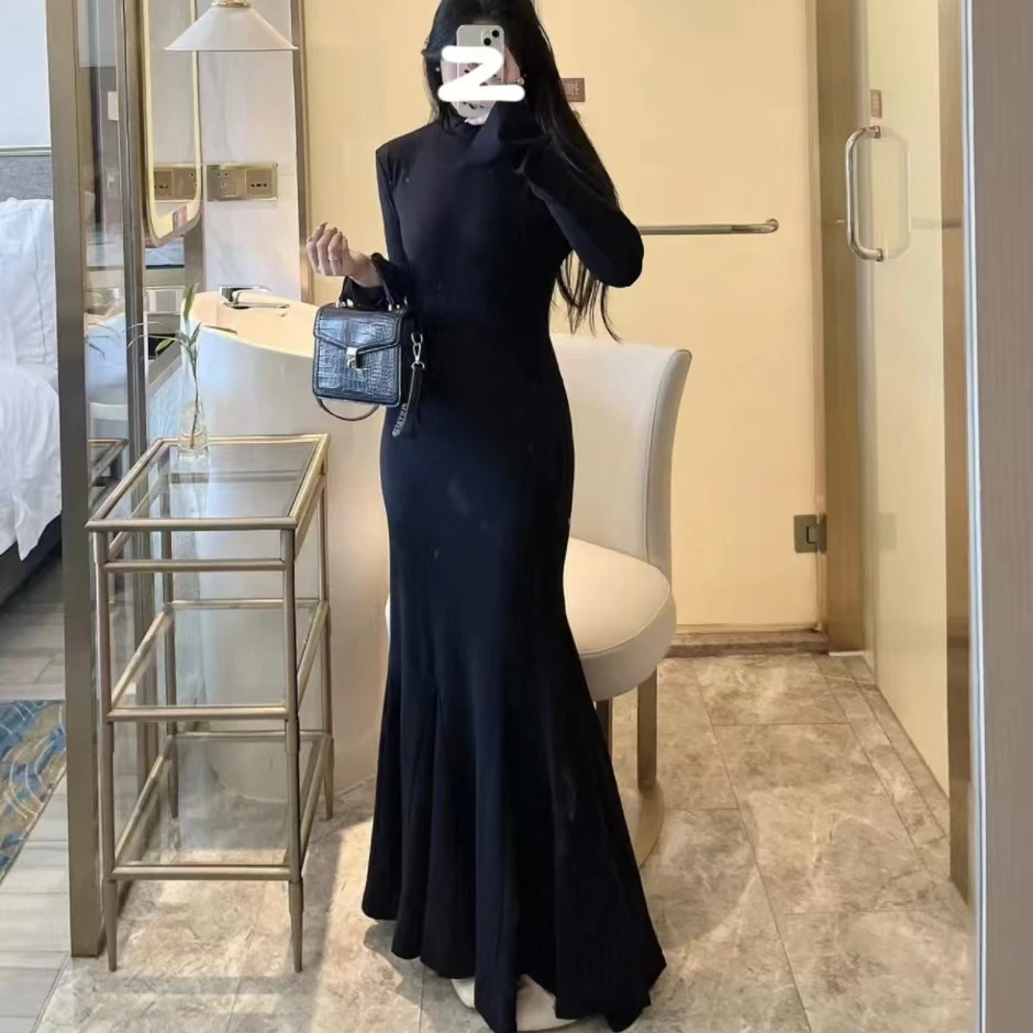 步步生莲高领长袖打底裙薄绒女2024秋冬新款高个气质名媛连衣裙子