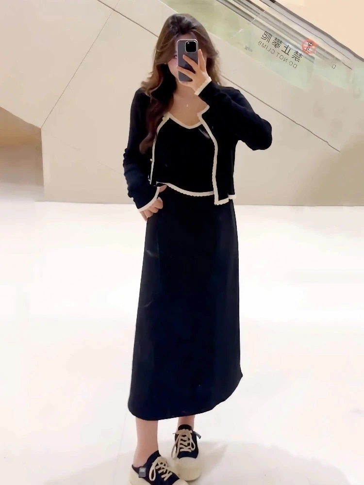 大码小香风吊带背心针织开衫半身裙三件套女秋季气质显瘦套装