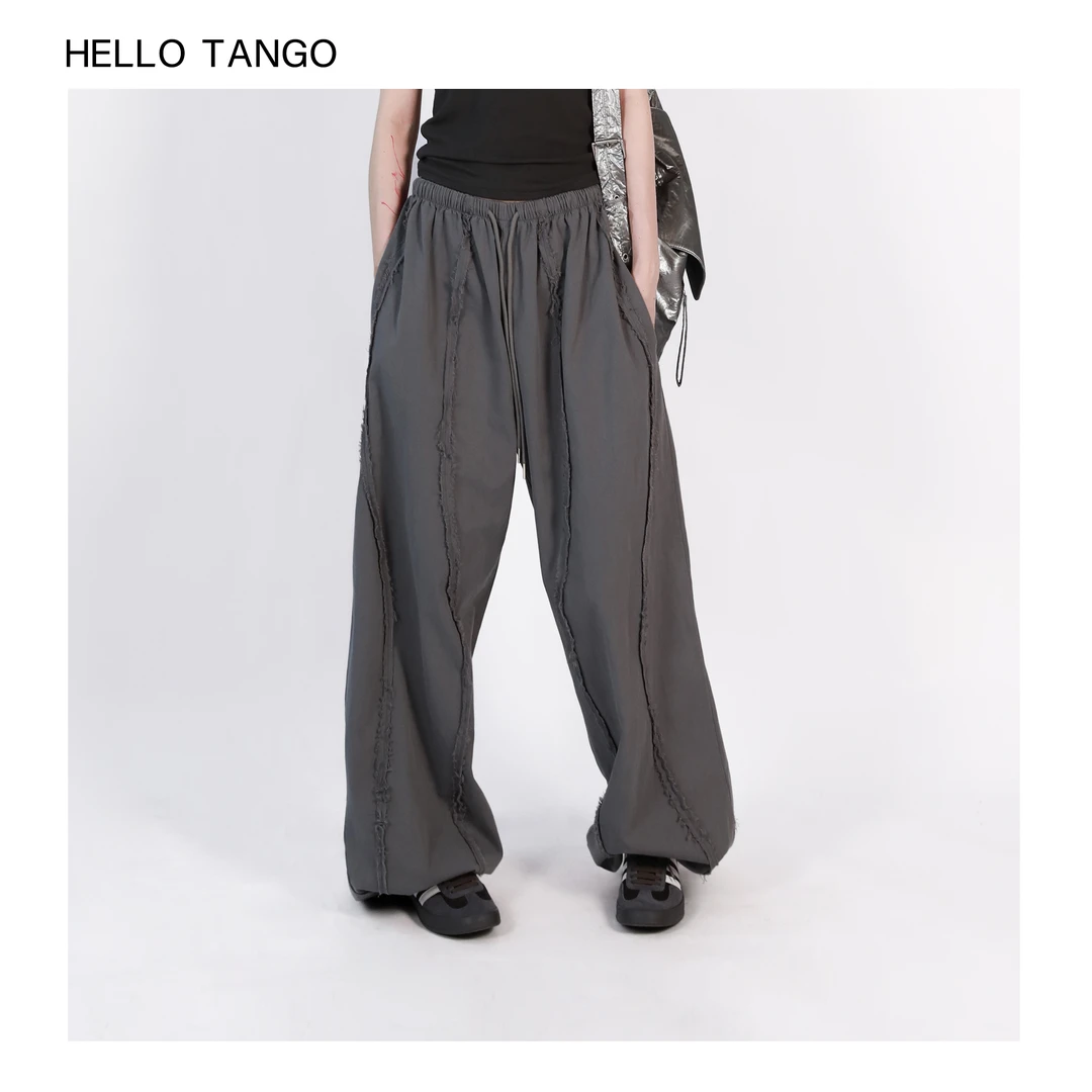 HELLOTANGO《叛逆少年》小众慵懒风休闲感毛边阔腿休闲裤84338#