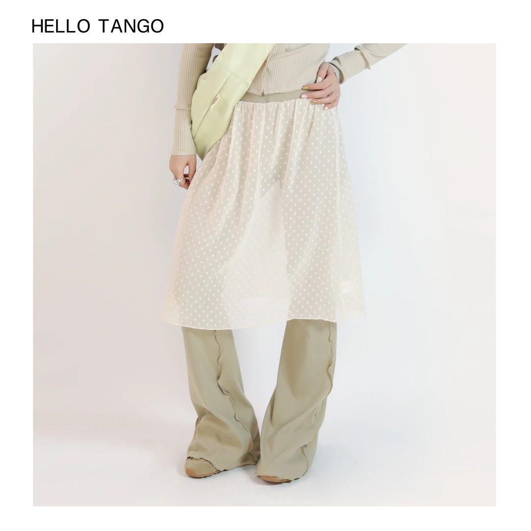 HELLOTANGO《腿部魔法》小众假两件拼接蕾丝显瘦松紧腰微喇裤54279#