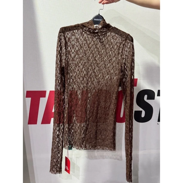 HELLOTANGO小众复古法式蕾丝高领打底网纱T恤53936#