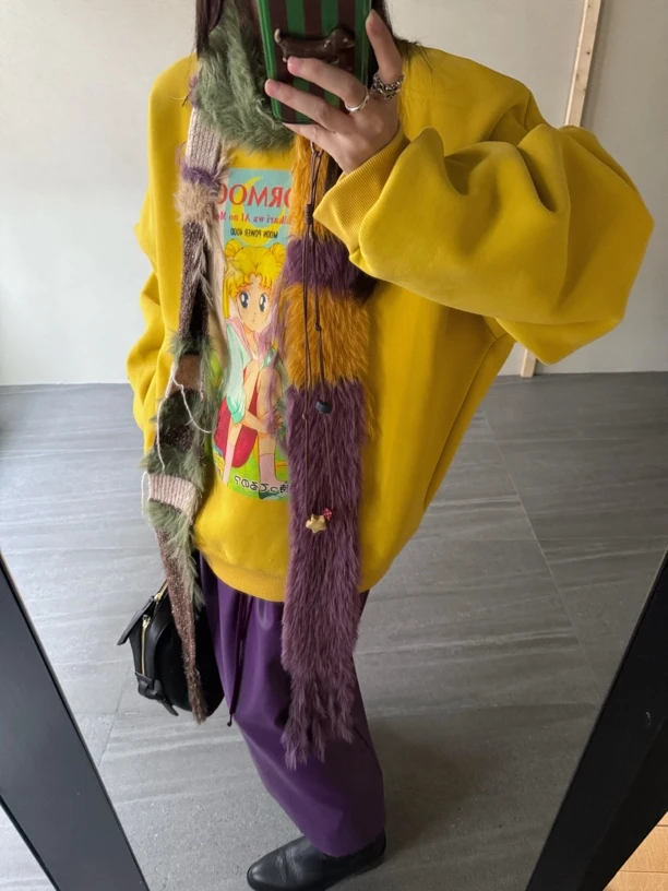 HELLOTANGO《怀旧美少女》小众秋冬减龄卡通印花加绒套头卫衣84130#