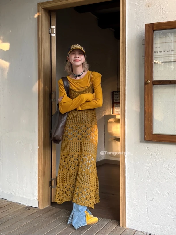 Tangostyle《浪漫小剧场》小众镂空吊带针织连衣裙罩衫8023#