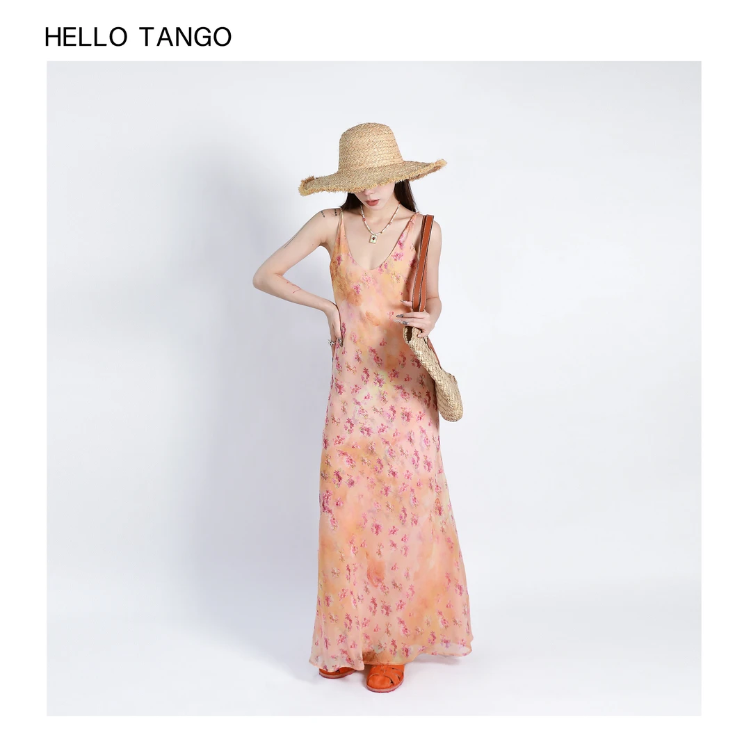HELLOTANGO《落日晚霞》小众复古晕染橘粉碎花吊带连衣裙844113#