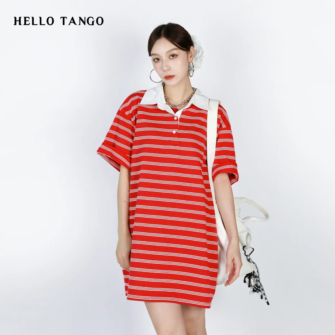HELLOTANGO《条纹轨迹》小众复古街头polo领撞色条纹短袖T恤54411#