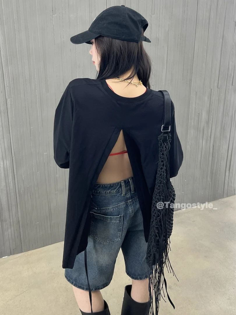 HELLOTANGO《不被定义的元素》小众休闲辣妹后背开衩长袖T恤53503#