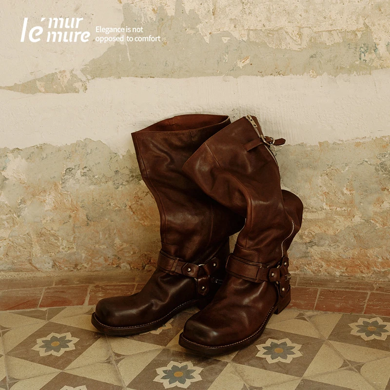 Le' Murmure 2025新款植鞣牛皮圆头长筒靴拉链女靴时装靴zb