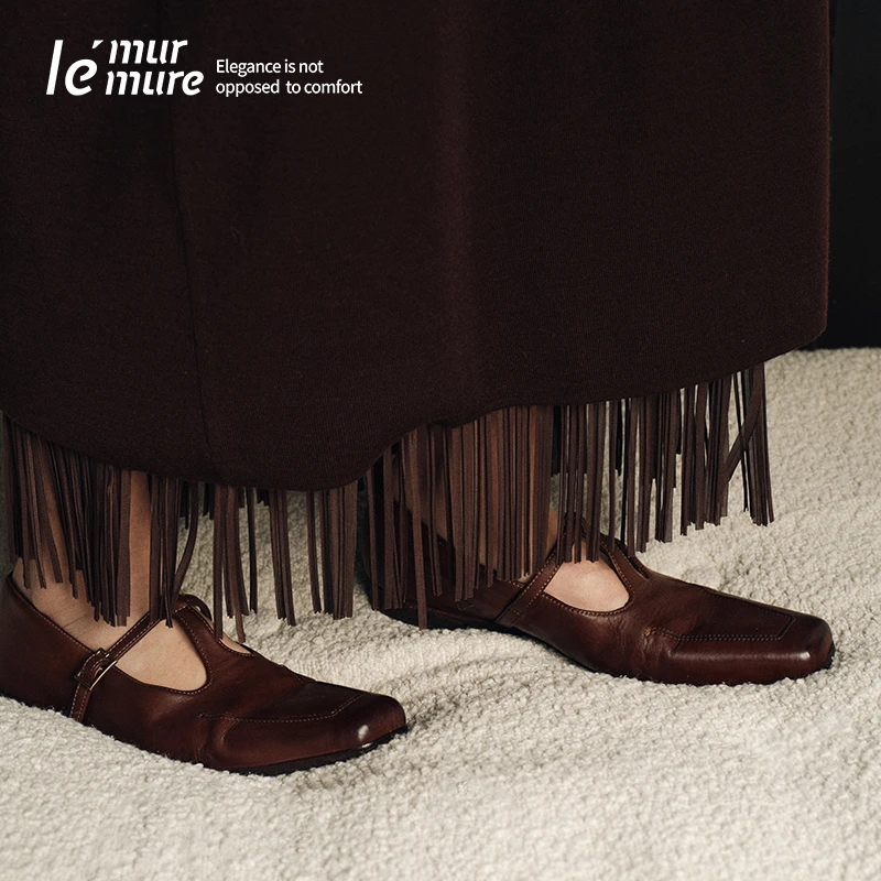 Le' Murmure2025新款复古方头t字带皮鞋马皮单鞋休闲