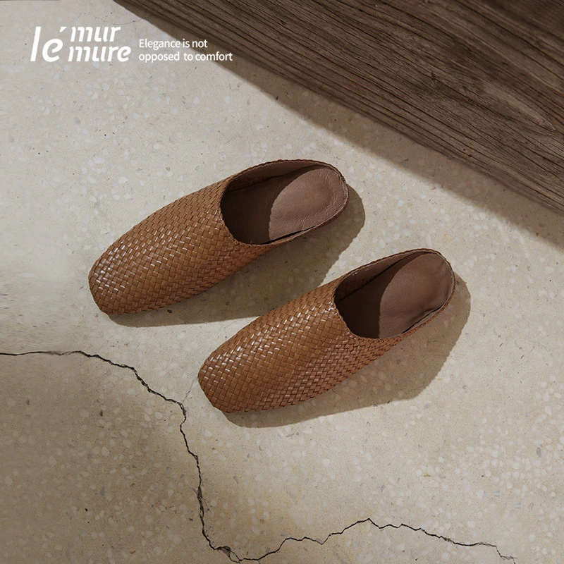 Le' Murmure 原创设计师时髦手工牛皮编织包头拖鞋女户外夏新款F