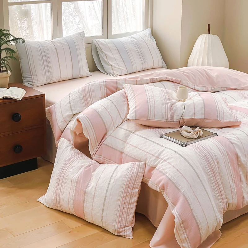沃夫格色织华夫格A类纯棉三/四件套提花简约透气水洗棉清爽宿舍夏